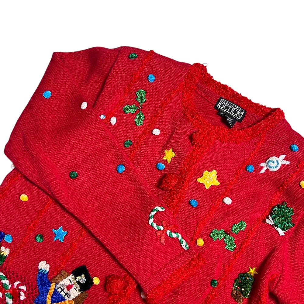 Berek Vtg Nutcracker Ugly Christmas Sweater Red Beaded Cardigan Womens Medium